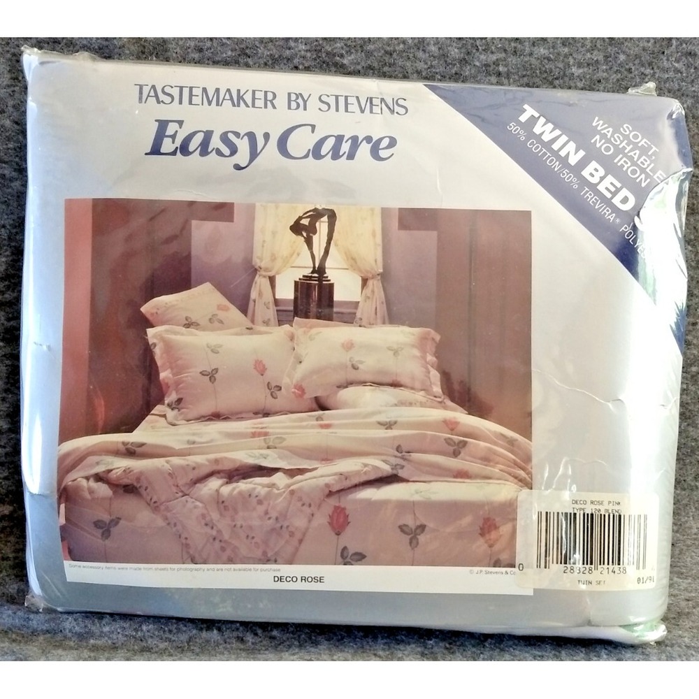 Tastemaker Stevens Twin Sheet Set 3Pc Deco Rose Floral No Iron Vintage USA NOS